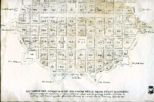 Ein detailliertes altes Stadtplan von Berlin, Deutschland, auf einem schwarzen Hintergrund, der Straßen, Gebäude und Sehenswürdigkeiten zeigt, mit Text, der zusätzliche Informationen bietet.
