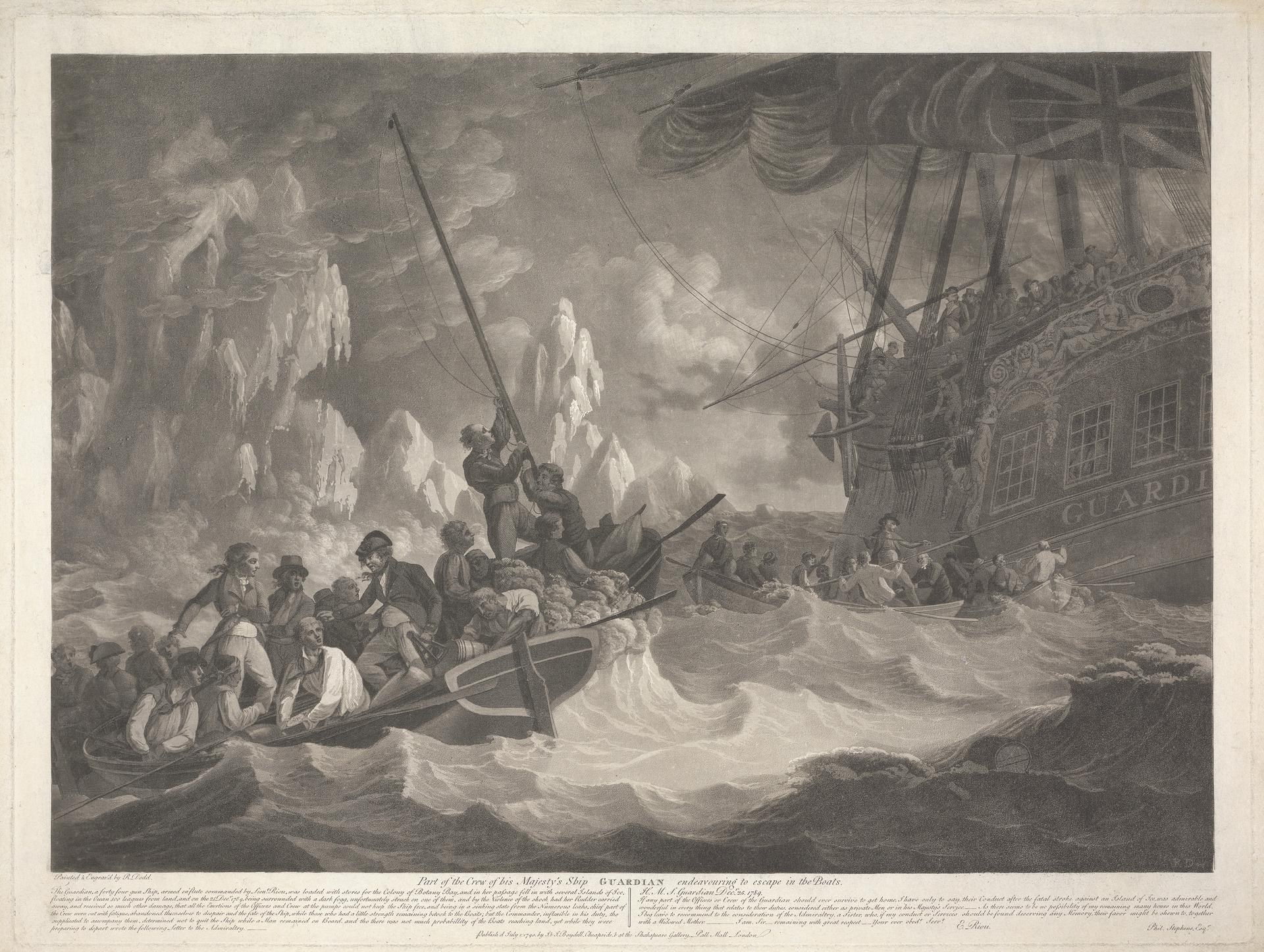 Schwarz-weiß-Radierung eines Schiffs namens "Guardian" umgeben von Eisbergen mit Menschen an Bord und einer bewölkten Himmel, betitelt "Teil des Feuers des Majors Schiff, Guardian, 1839" unten.