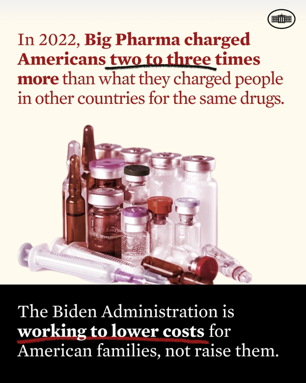 Ein Plakat mit der Aufschrift "In 2022 verlangte die Pharmaindustrie von Amerikanern zwei bis drei Mal so viel für dieselben Medikamente wie in anderen Ländern" unten, mit ein paar Flaschen und einer Spritze.
