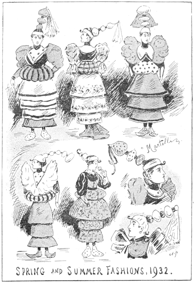 Schwarze und weiße Illustration von Frauen, die Kleider aus der Mode von 1932 tragen, begleitet von beschreibendem Text.