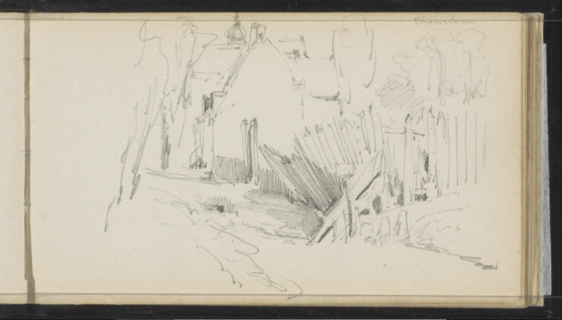 Eine Schwarz-Weiß-Zeichnung einer Stadtstraße mit einem Gebäude im Hintergrund, erstellt von Joseph Mallord William Turner zwischen 1805 und 1898, aus der National Portrait Gallery in London.