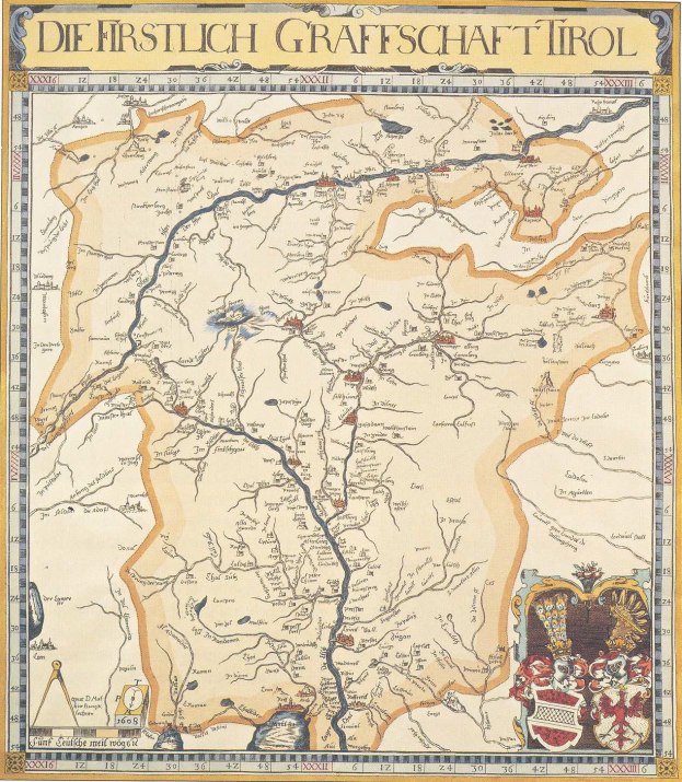 Ein detailliertes historisches Poster der ersten Grafschaft Tirol mit einer Karte, die geografische Merkmale wie Flüsse, Berge und Städte zeigt, sowie erklärendem Text über die Region und ihre Bewohner.