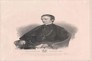 Ein Gravur eines Mannes in einer schwarzen Robe, der in einem Stuhl sitzt und ein Buch hält, mit der Inschrift "Sicismund Schultes, der Bundeskanzler der Bundesrepublik Deutschland" unten.