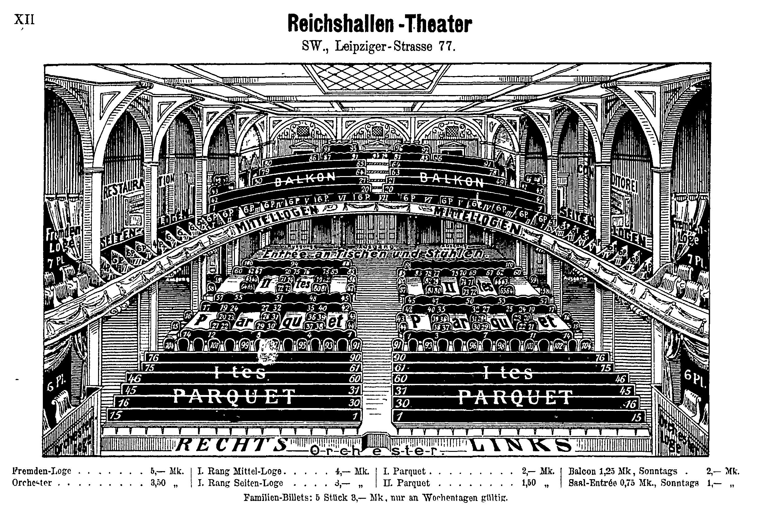Schwarze und weiße Illustration des Reichshallen Theaters in Berlin, das sein Auditorium mit Text oben und unten zeigt.