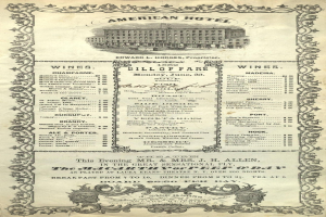 Altes Buch mit dem Titel "American Hotel Bill of Fare von 1862" mit einer Abbildung eines Gebäudes und Texten zu den Angeboten des Restaurants.
