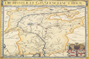 Eine detaillierte Karte des ersten deutschen Grafschafter Tirol, mit geografischen Elementen wie Flüssen, Bergen und Städten, begleitet von informativem Text und Bildern.