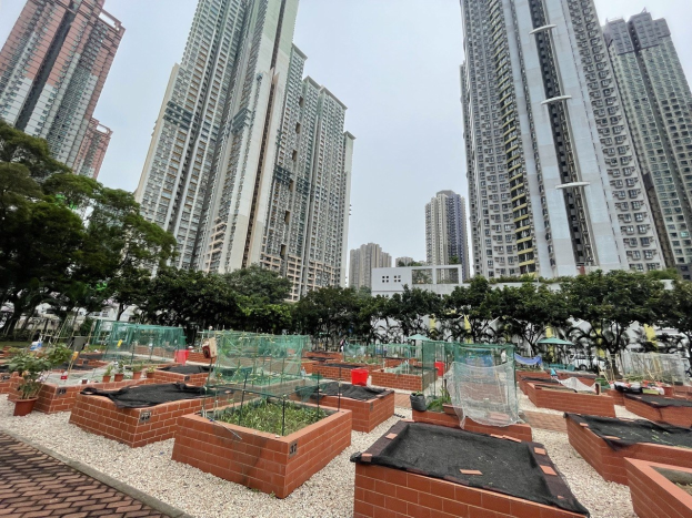 Ein Stadtgarten mit hohen Gebäuden im Hintergrund, üppigen grünen Pflanzen und Bäumen, ein paar Menschen, die sich um die Pflanzen kümmern, und strahlendem Sonnenschein, der eine friedliche Atmosphäre schafft.