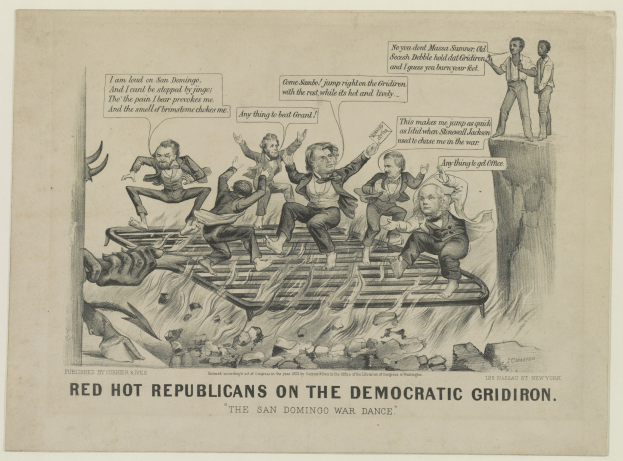 Eine politische Karikatur zeigt rote Figuren, die als "Republikaner" auf einem blauen "demokratischen Gridiron" dargestellt sind, mit übertriebenen verzweifelten Gesichtsausdrücken und erhobenen Armen, begleitet von fetter schwarzer Schrift.