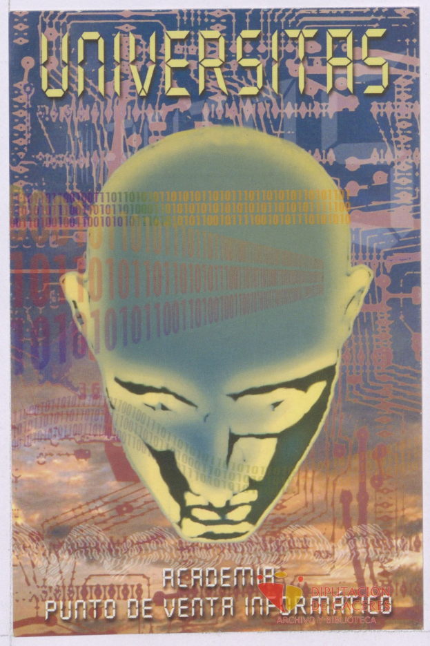 Plakat mit einem kahlköpfigen Mann mit breitem Lächeln, geschlossenen Augen und friedlichem Gesichtsausdruck, umgeben von Text und Zahlen, mit "Universitas" in fetter schwarzer Schrift.