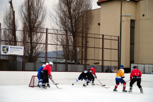 Menschen spielen Eis-hockey auf einer Eisfläche mit Gebäuden, Bäumen, einer Straßenlaterne, einem Namensschild und Zäunen im Hintergrund unter einem klaren Himmel.