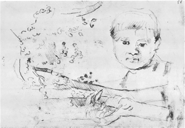 Schwarze und weiße Zeichnung eines jungen Jungen mit geschlossenen Augen, der eine Gitarre spielt und ein weißes Hemd und dunkle Hosen trägt, Hände an den Saiten.