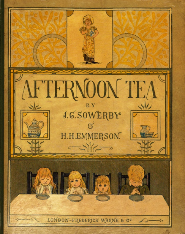 Ein Buch mit dem Titel "Nachmittagstee" von J.G. Sowerby und H.H. Hemmerson, mit einem Cover, das Kinder an einem Tisch mit verschiedenen Gegenständen sitzen zeigt.