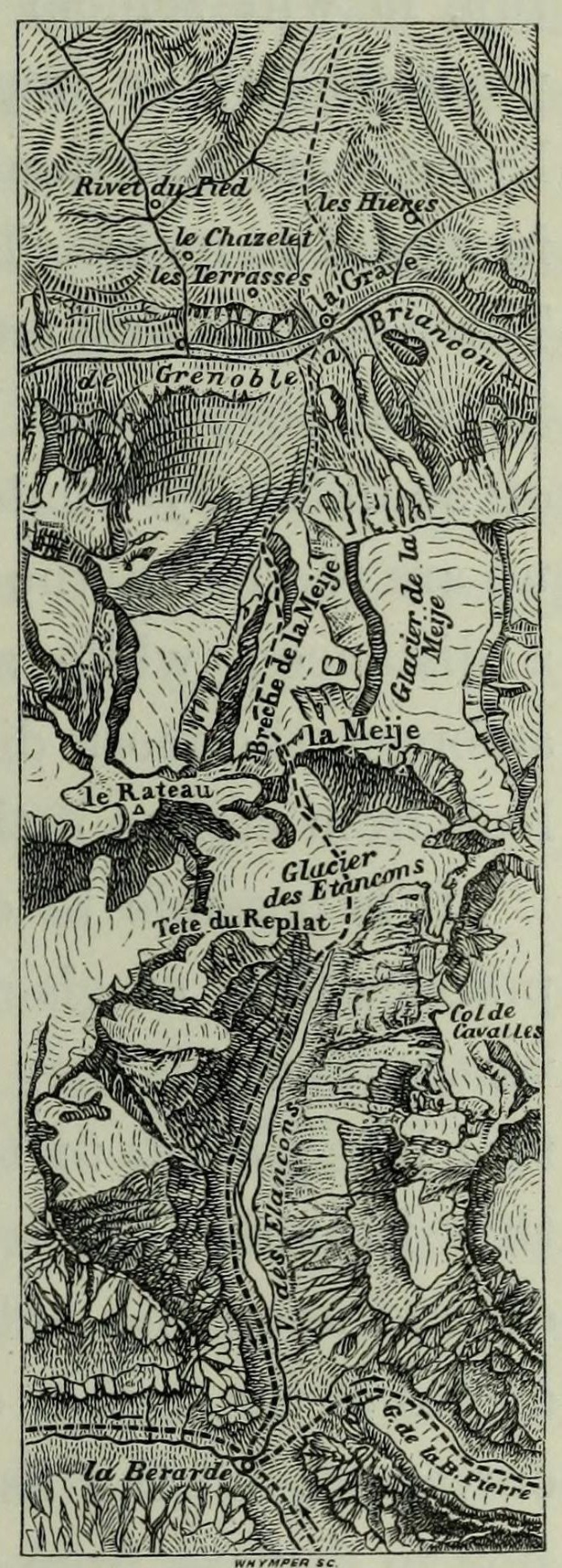 Schwarze und weiße topografische Karte des Rheins mit Höhenlinien, Gelände und beschrifteten geographischen Merkmalen.
