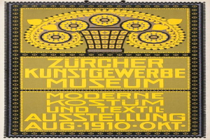 Ein Plakat für das Zücher Kunstgewerbe Museum in Berlin, Deutschland im Jahr 1910, das einen leuchtend gelben Hintergrund mit einer schwarz-weißen Illustration eines Museumsgebäudes in der Mitte zeigt, umgeben von einem schwarzen Rand, mit der Schrift "Zürcher Kunstgewerbe Museum" in fetter schwarzer Schrift und dem Museumslogo in der linken oberen Ecke.