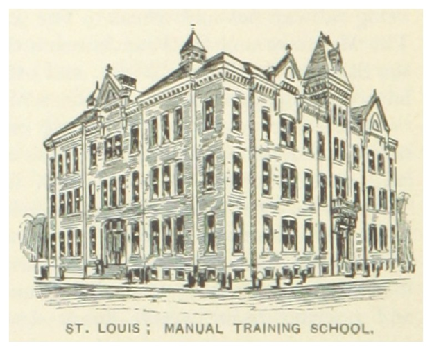 Schwarz-weiß-Zeichnung der St. Louis Manual Training School mit mehreren Personen davor und Text unten.