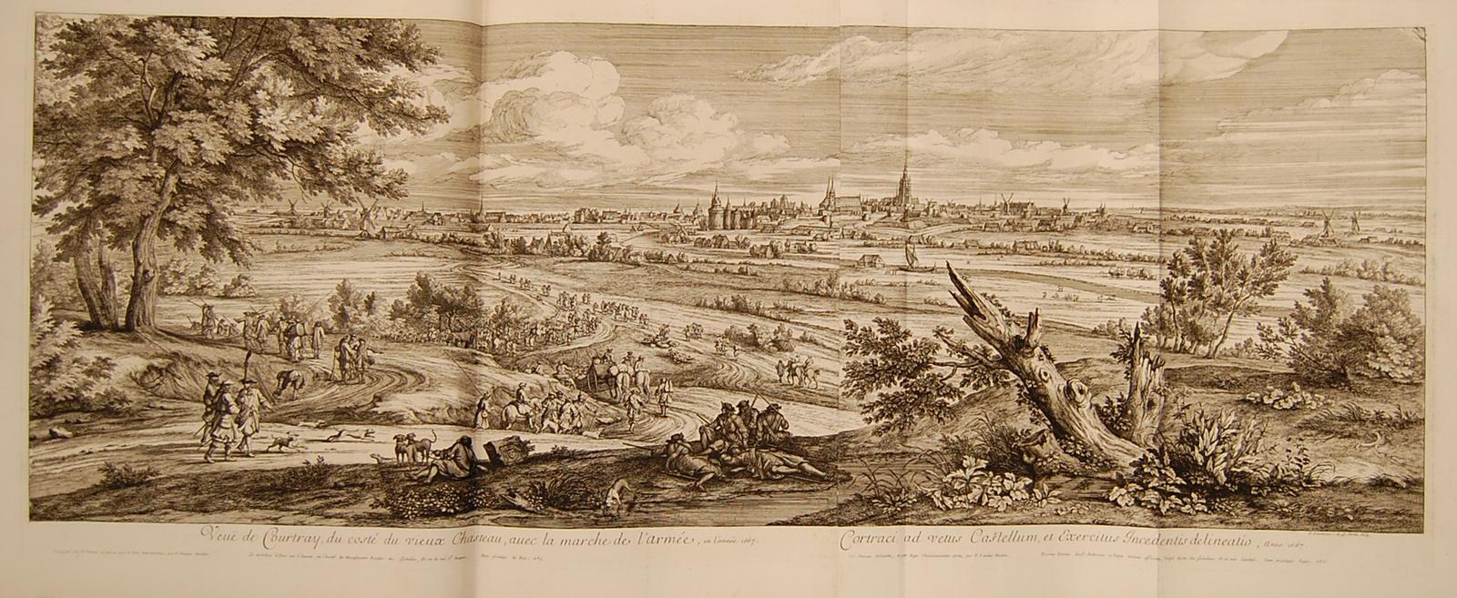 Offenes Buch mit dem Titel 'Sicht auf die Schlacht von Castellum und Castellium aus der Illustrated London News', das eine historische Schlachtenszene mit Menschen, Bäumen, Gebäuden und Wolken zeigt.