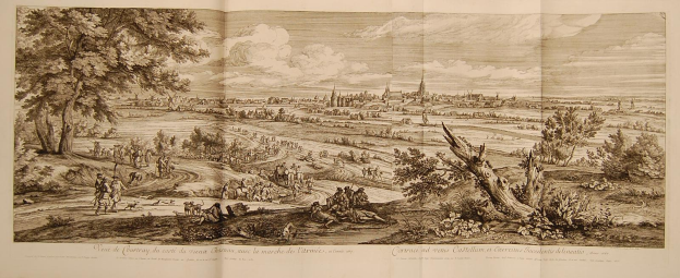 Offenes Buch mit dem Titel 'Sicht auf die Schlacht von Castellum und Castellium aus der Illustrated London News', das eine historische Schlachtenszene mit Menschen, Bäumen, Gebäuden und Wolken zeigt.