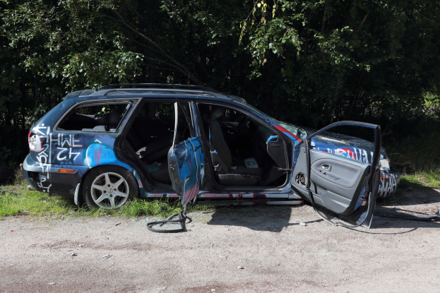 Auto auf der Seite der Straße gegen einen Baum geprallt, umgeben von Gras und Bäumen.