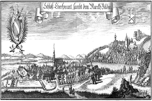Eine schwarz-weiße Gravur einer Stadt mit einem Schloss im Hintergrund, umgeben von Häusern, Bäumen, Hügeln und Menschen, mit der Aufschrift "Schof Eberpeunt, Lambt den March Helden" oben.