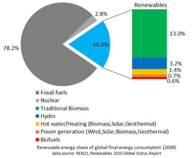Tortendiagramm, das den globalen Verbrauch an erneuerbaren Energien im Jahr 2008 zeigt, unterteilt in Abschnitte für fossile Brennstoffe, Kernenergie, Wasserkraft, Heißwasser, Heizung, Biomasse, Solarenergie, Geothermie und Biokraftstoffe.