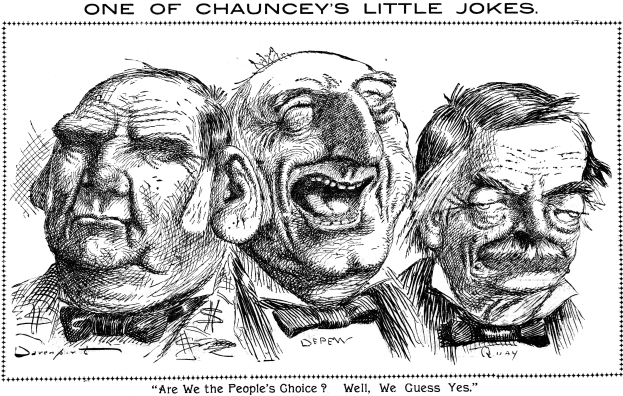 Plakat mit der Aufschrift "Einer von Chaunceys kleinen Witzen" mit drei lachenden Cartoon-Figuren.