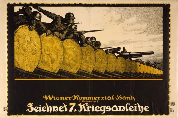 Deutscher Propagandaplakat aus dem Zweiten Weltkrieg, das Soldaten in Helmen mit Waffen zeigt, mit dem Text "Wiener Kommerzialbank" unten.