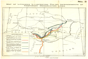 Detailierte Karte von Litauen mit markierten polnischen Überschreitungen der temporären Demarkationslinien, einschließlich Städte, Orte und geografische Merkmale auf einem Plakat.