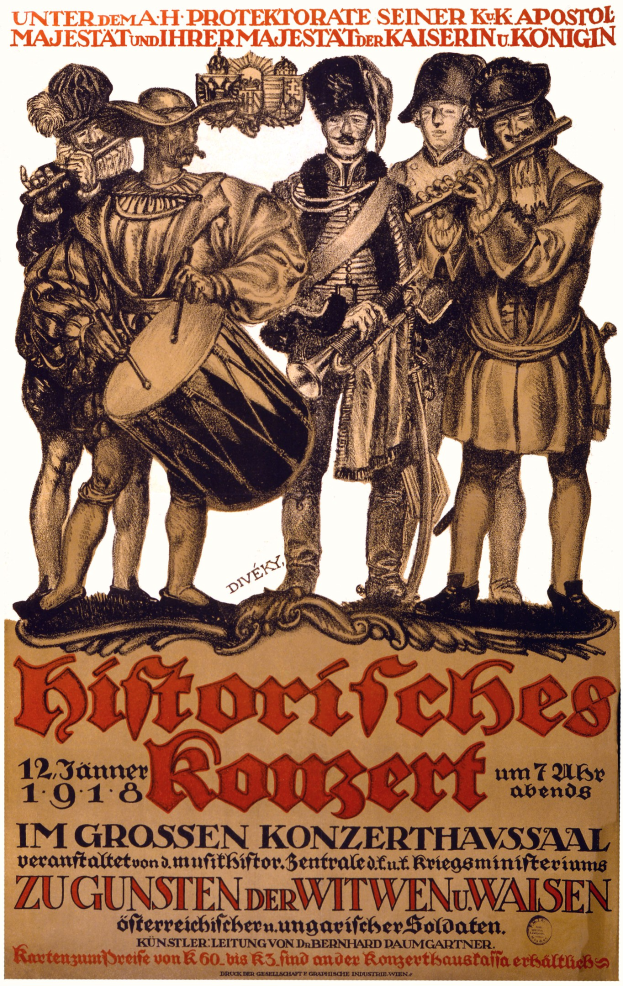 Konzertplakat mit einer Band von Männern in bunter Kleidung, die Trommeln, Trompeten und Gitarren spielen, mit Textdetails.