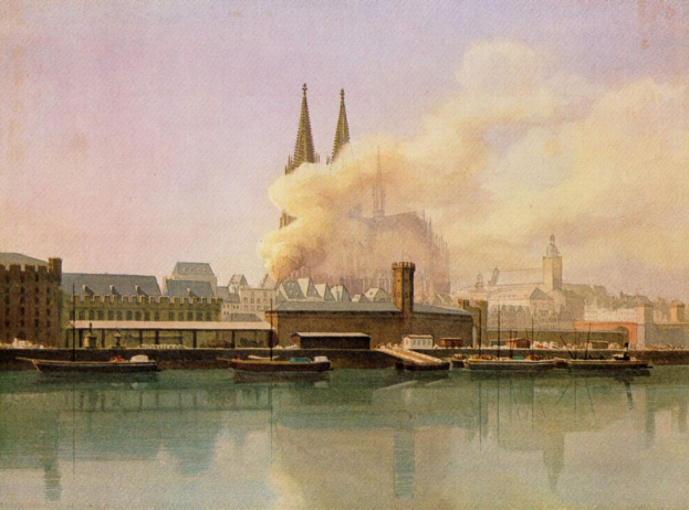 Gemälde einer 19. Jahrhundert-Köln-Stadtlandschaft mit Booten, Gebäuden, Rauch und einem Himmel, beschriftet mit "Köln, Deutschland im 19. Jahrhundert" unten.