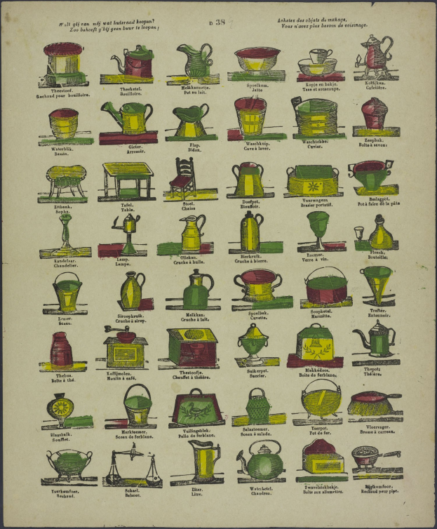 Ein buntes Plakat mit ordentlich angeordneten Illustrationen von Küchenutensilien wie Töpfen, Pfannen und Geräten mit fetter Schrift.