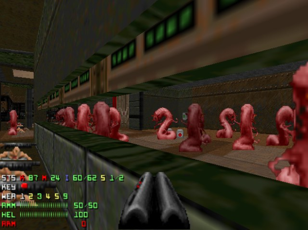 Screenshot des Computerspiels Doom II, das einen Raum voller animierter Zombies zeigt, eine Waffe unten und Spielstatistiken links.