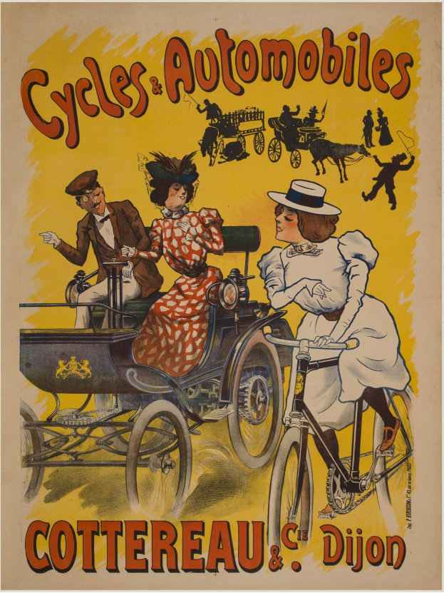 Plakat, das Fahrräder und Automobile in Cottereau und Dijon, Frankreich, bewirbt und Menschen zeigt, die Fahrräder fahren und eine Kutsche mit dem Text "Fahrräder und Automobile" oben.