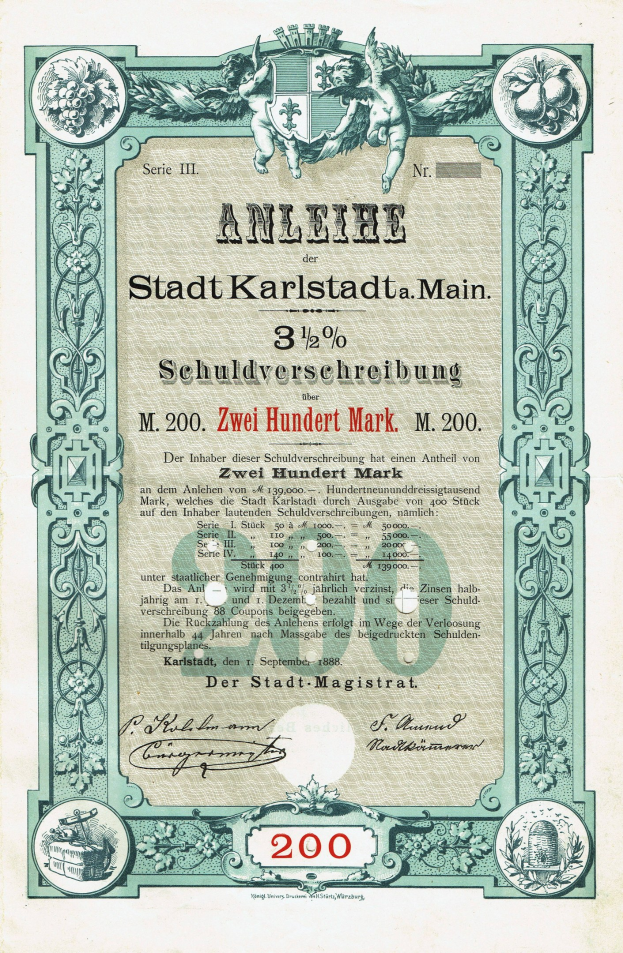 Altes Aktienzertifikat mit Porträt eines Mannes, mit gedrucktem Text und numerischen Werten, die Aktiendetails angeben.