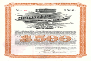 Ein altes Aktienzertifikat mit einer Abbildung eines Zuges, mit Text und Zahlen, die darauf hinweisen, dass es von der Militärpoststraße Eisenbahn-Gesellschaft stammt.