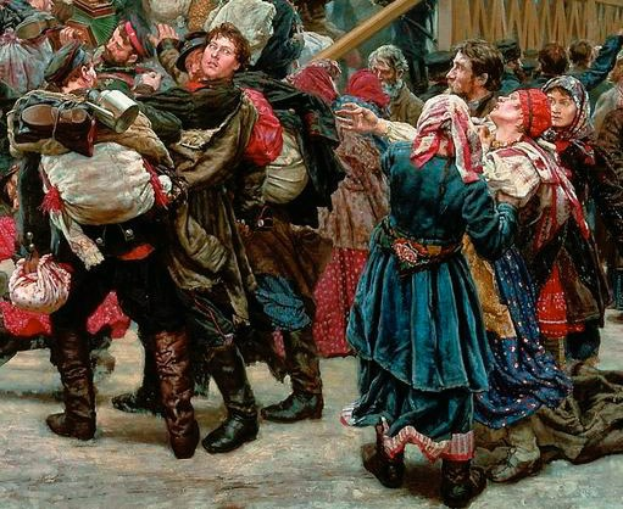 Gemälde von Menschen, die in traditioneller russischer Kleidung tanzen und Gegenstände in der Hand halten, vor einer Menge, mit einem Holzhaus im Hintergrund, das eine lebhafte Szene aus der russischen Revolution darstellt.