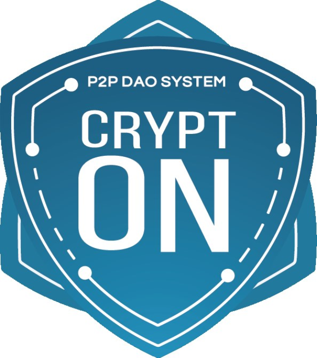 Ein blauer Schild mit dem Text "Crypt On" vor einem weißen Hintergrund.