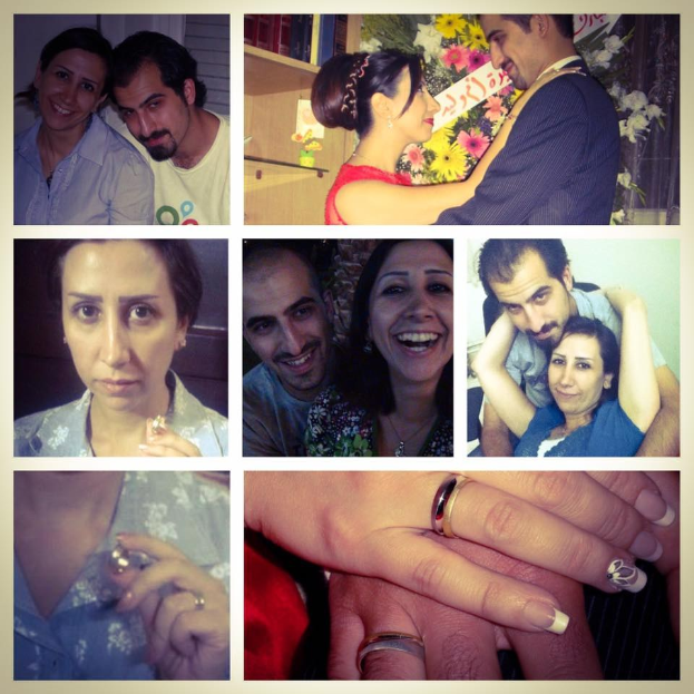 Eine Collage von Fotos, die einen Mann und eine Frau mit Eheringen zeigen, mit floralen und dekorativen Hintergründen.