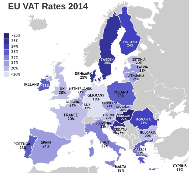 Eine Europakarte, die die EU-Mehrwertsteuersätze für 2014 mit Prozentangaben und Textbeschriftungen anzeigt.