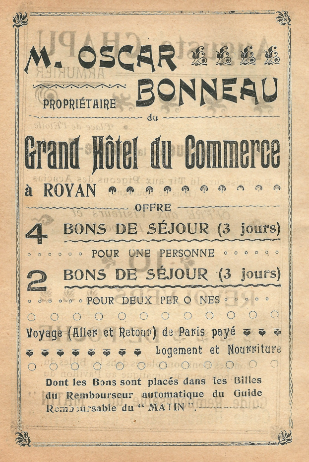 Anzeige für das Grand Hotel du Commerce in Paris, Frankreich, auf altem Papier mit Texten, die die Hotelangebote bewerben.