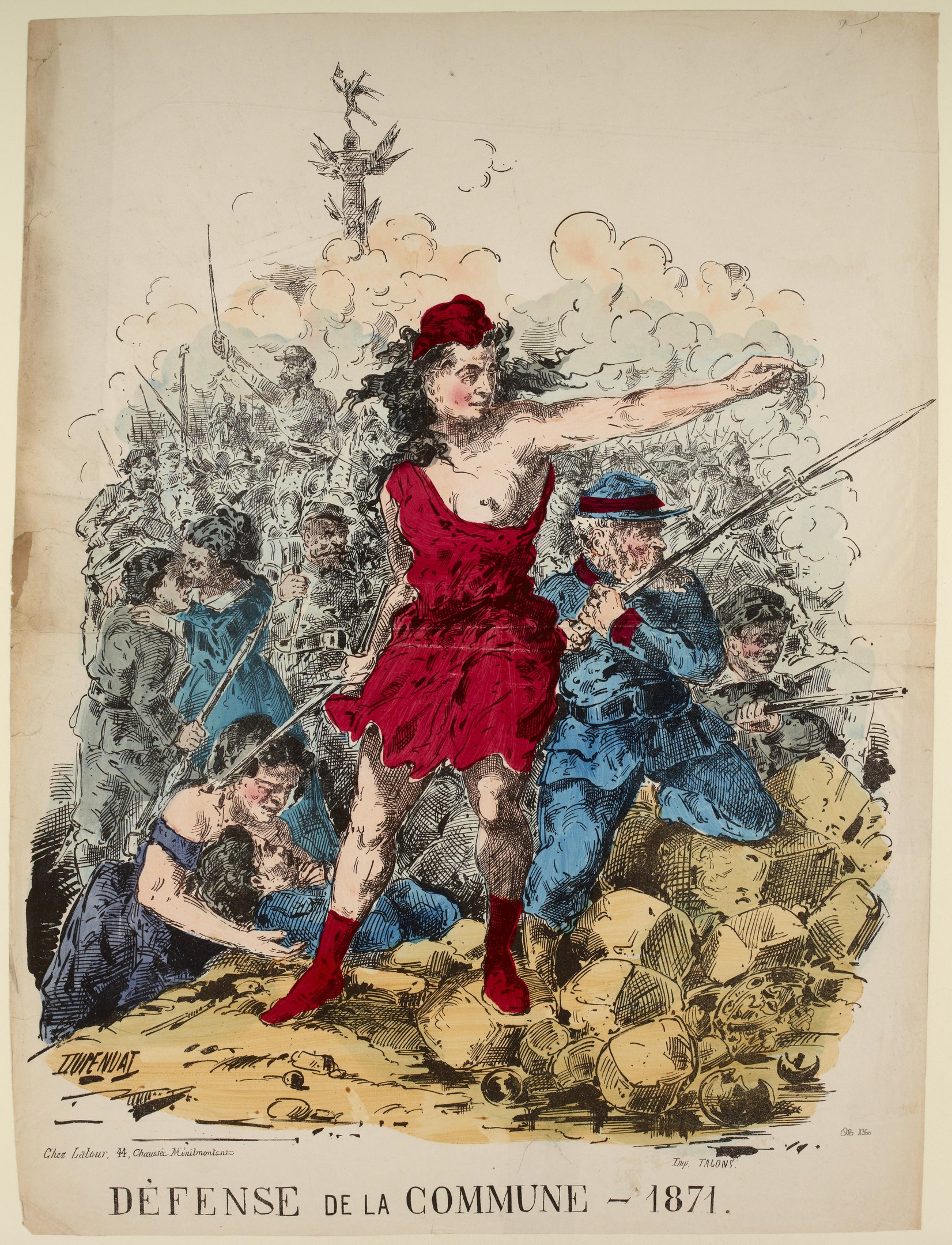 Frau in rotem Kleid, das in der Mitte einer Gruppe von Menschen mit Waffen steht, mit dem Text "Defense de la Commune 1871" unten.