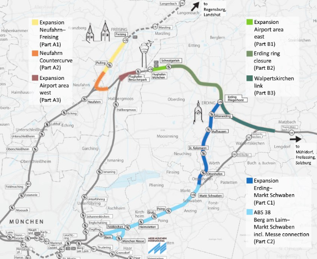 Eine detaillierte Karte einer Stadt mit einer hervorgehobenen Zugroute von München nach Frankfurt, einschließlich Haltestellen, Umgebung und Zuginformationen wie Länge und Entfernung.