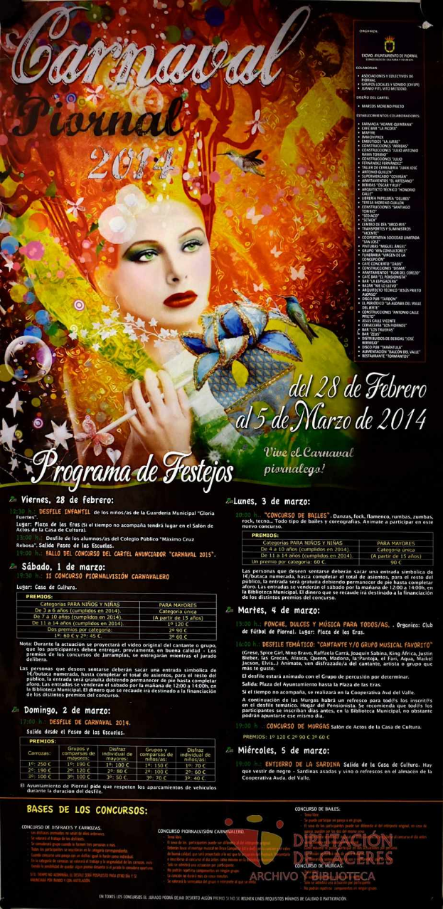 Eine Frau in einem farbenfrohen Kleid, die fröhlich in die Mitte eines leuchtend gelben Plakats mit der schwarzen, fetten Schrift "Carnaval Festival 2014" schaut.