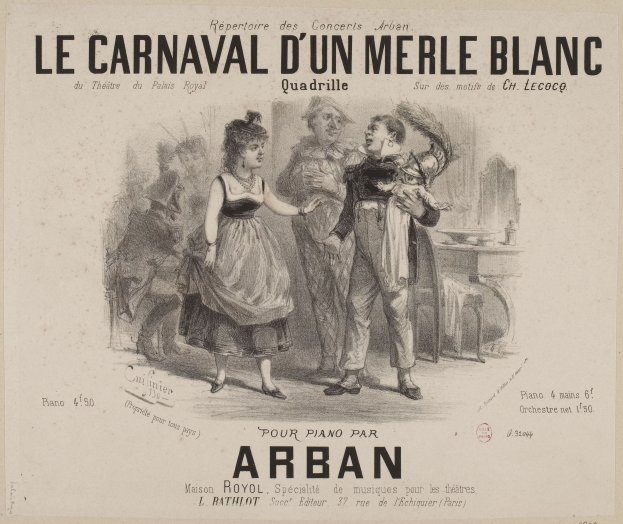 Eine Zeichnung eines Mannes und einer Frau in traditioneller Kleidung vor einer festlichen Karnevals Szenerie, mit der Aufschrift "le carnaval d'un merle blanc" auf dem Papier.