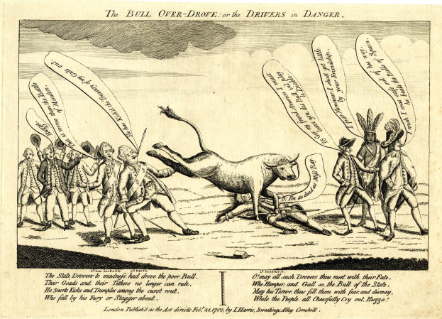Ein Blatt mit einer Zeichnung eines Bullen, beschriftet mit "überfahren oder die Fahrer in Gefahr", umgeben von einer Gruppe von Menschen, mit zusätzlichem Text auf dem Blatt.