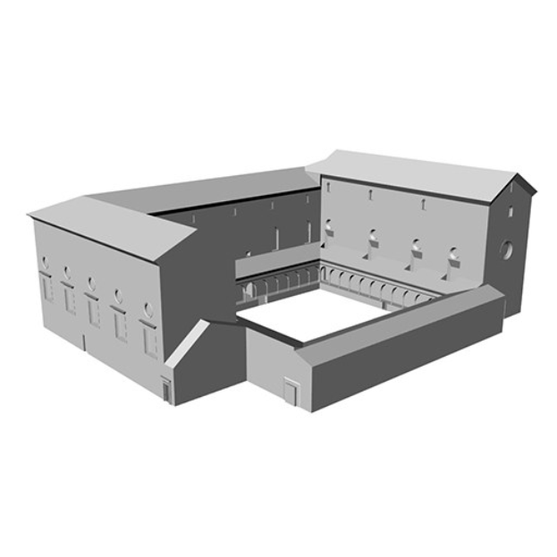 3D-animiertes Modell einer Konzerthalle mit zahlreichen Fenstern und einer lebendigen Atmosphäre.