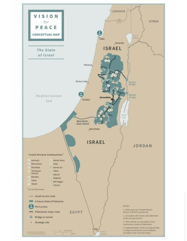 Plakat mit der Aufschrift "Vision für Friedenskonzept-Karte" mit einer farbcodierten Karte Israels und fetter schwarzer Schrift.