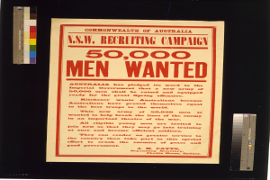 Plakat mit schwarzem Text "N.S.W. Recruiting Campaign 50,000 Men Wanted" auf einem weißen Hintergrund, umrandet von schwarz.