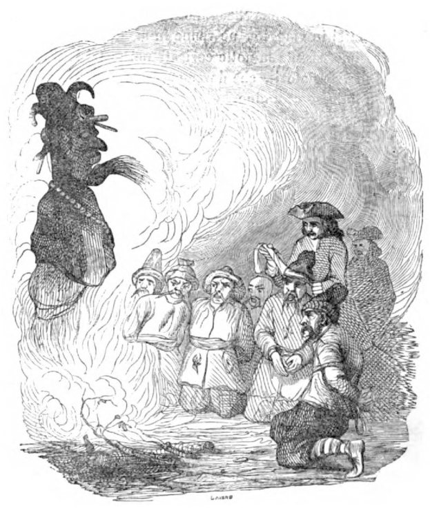 Schwarze und weiße Zeichnung einer Gruppe von Menschen, die sich um ein Feuer scharen, wobei eine Person in der Mitte steht, begleitet von Text, der "Der Tod des Königs von England" lautet, darstellend beunruhigte Individuen in Furcht und Verzweiflung.