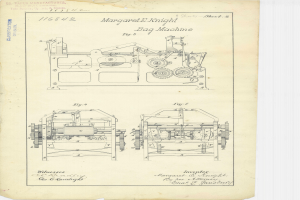 Eine detaillierte Zeichnung einer Bag-Maschine auf Papier, die ihren Griff, Räder und andere Komponenten zeigt, mit begleitendem Text, der den Zweck und die Spezifikationen der Maschine beschreibt.