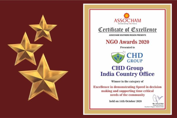 Auszeichnung für den NGO Award 2020 an CHD Group India Country Office verliehen, mit einem Schild-Logo mit einem zentralen Stern und einem Lorbeerkranz.